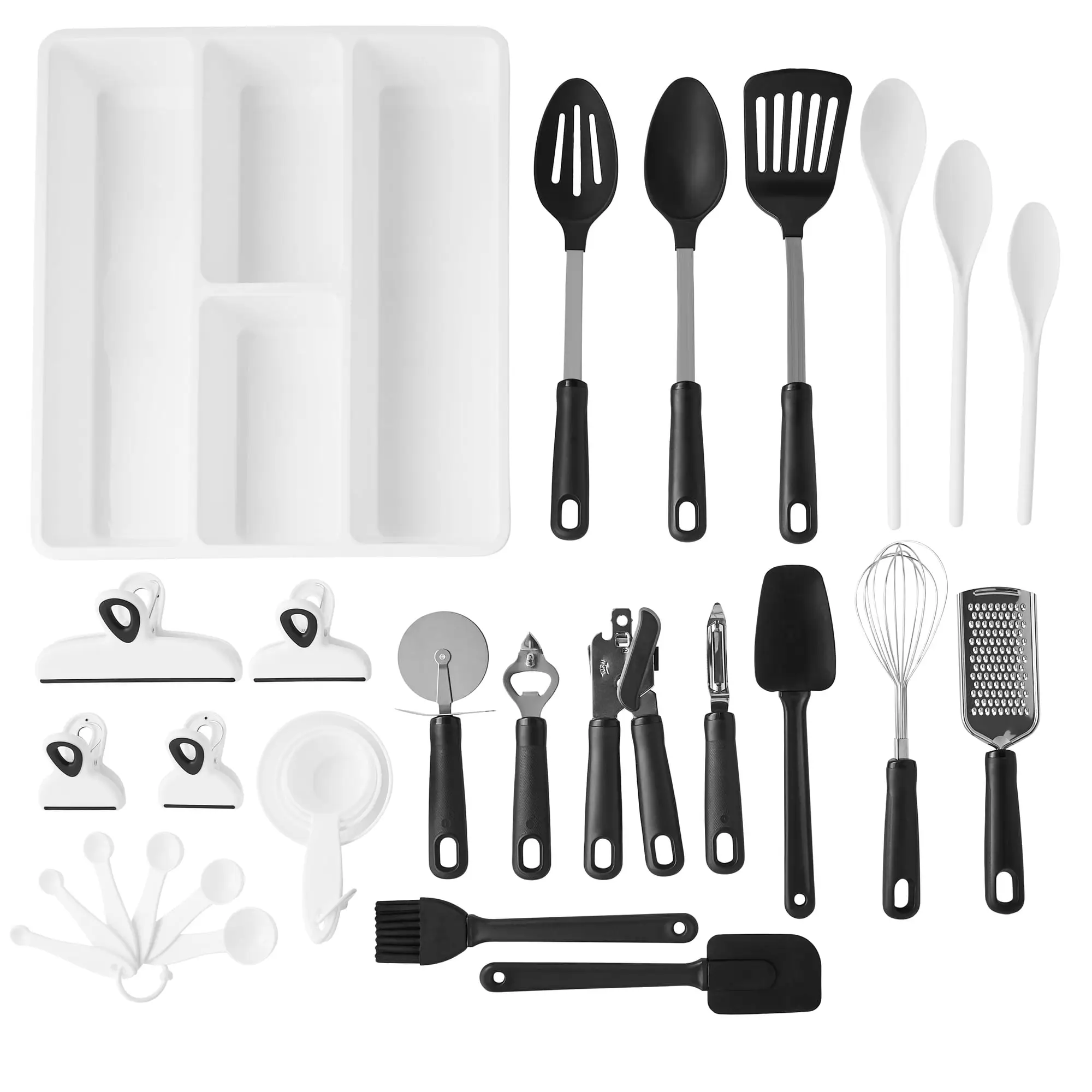 30-Piece Kitchen Gadget Set with Cooking Utensils, Measuring Cups, Clips, and Drawer Organizer, Black/White
30-Piece Kitchen Gadget Set with Cooking Utensils, Measuring Cups, Clips, and Drawer Organizer, Black/White