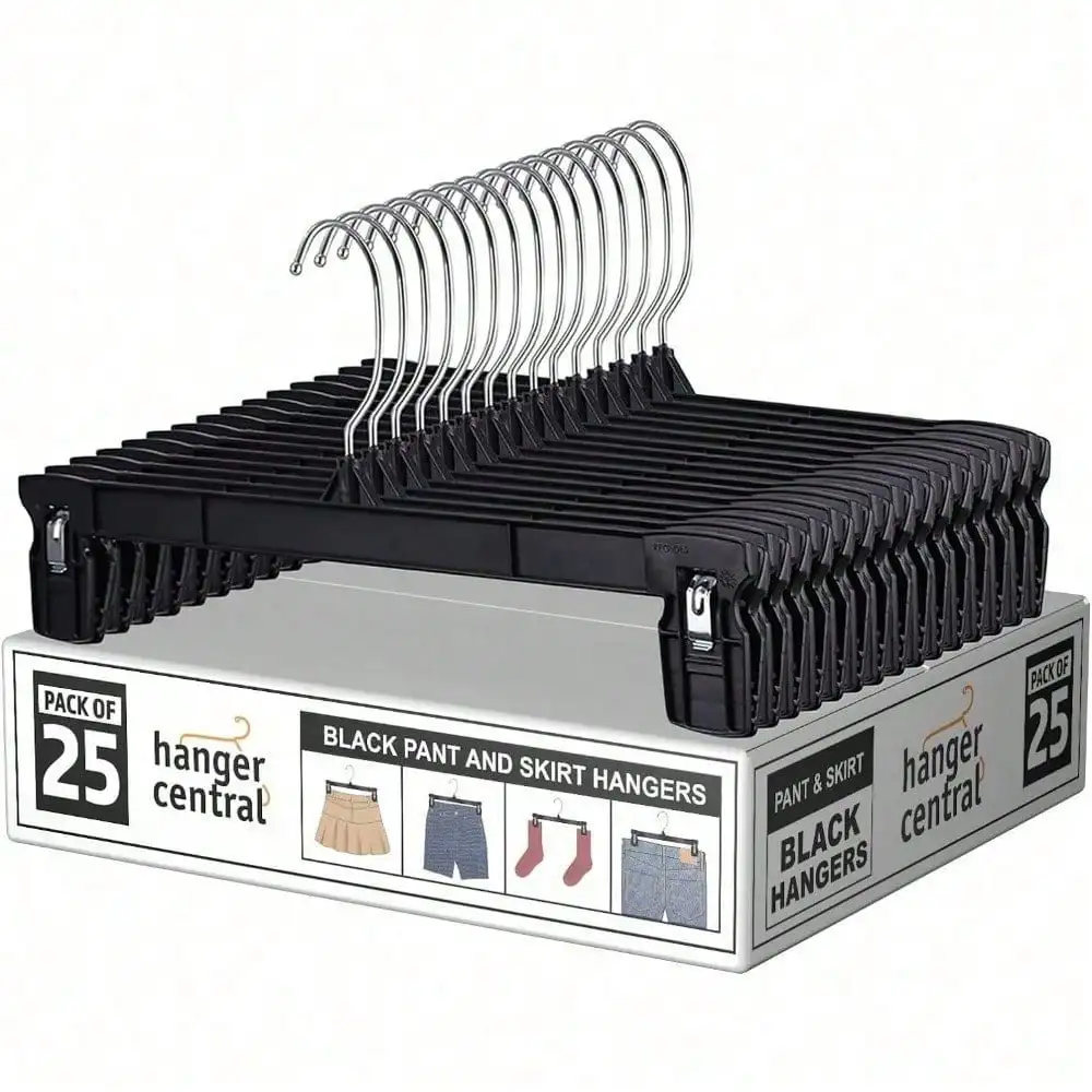 25-Pack Black Duty Plastic Pants And Skirt Hem Hangers With Plastic Extra Long Clips And Polished Metal Swivel Hooks, 12 Inch
25-Pack Black Duty Plastic Pants And Skirt Hem Hangers With Plastic Extra Long Clips And Polished Metal Swivel Hooks, 12 Inch