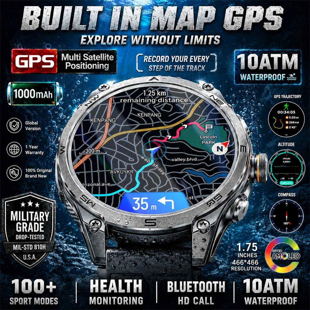 Military Grade Built‑in Map GPS Smart Watch 10ATM Waterproof 1000mAh 1.75" AMOLED Compass Altimeter BT Call Health Smart Watch
Military Grade Built‑in Map GPS Smart Watch 10ATM Waterproof 1000mAh 1.75" AMOLED Compass Altimeter BT Call Health Smart Watch