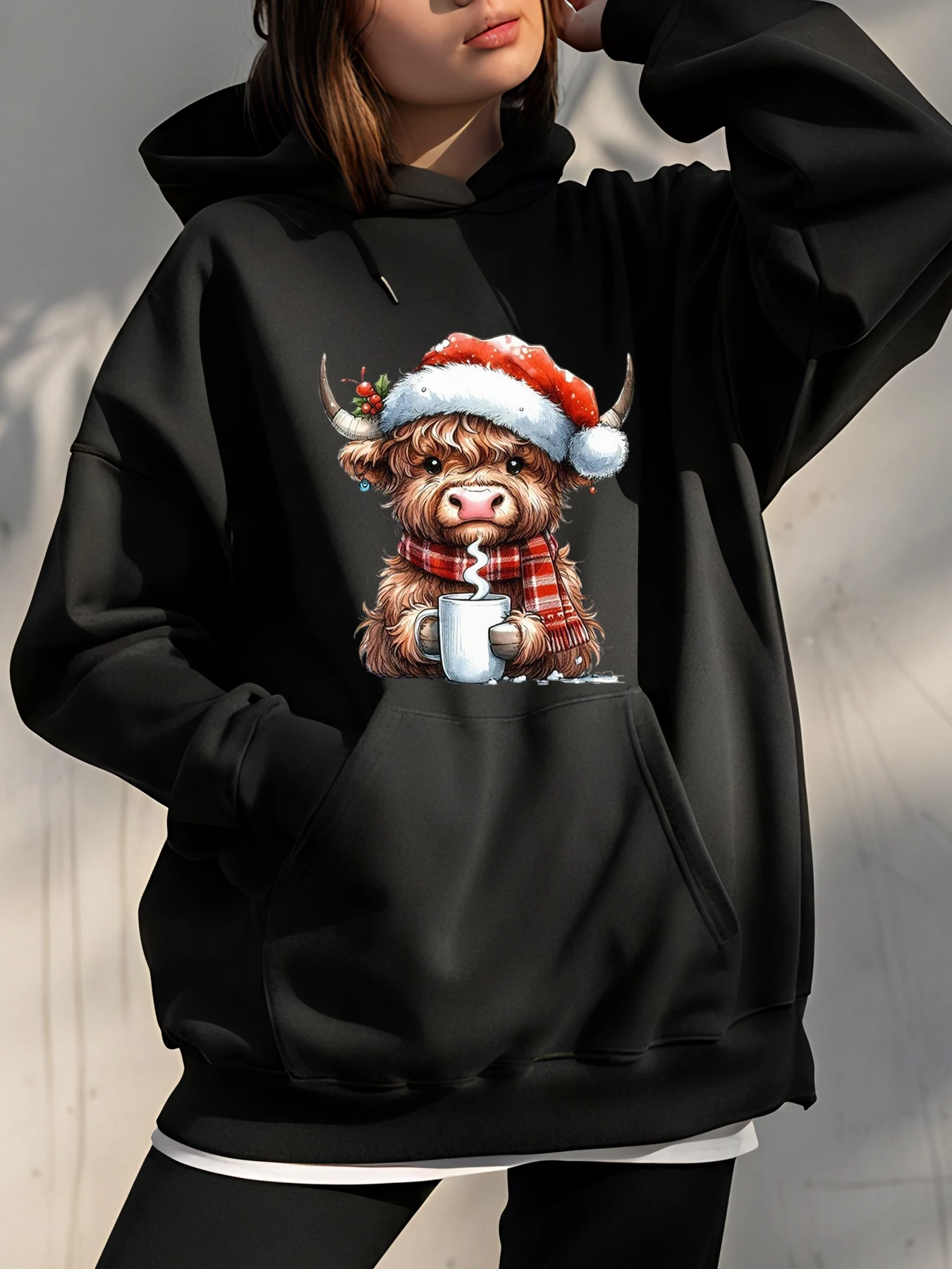 Cute Bull Christmas Hoodie with Santa Hat and Scarf Holiday Design for Women Casual Wear Winter Outfit
Cute Bull Christmas Hoodie with Santa Hat and Scarf Holiday Design for Women Casual Wear Winter Outfit