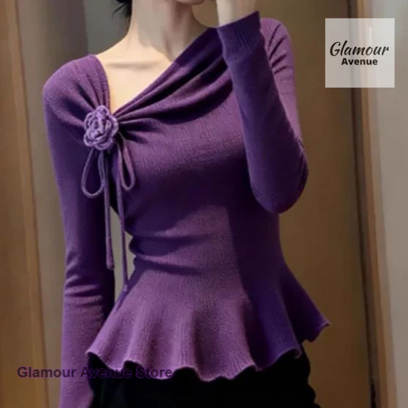 French purple sweater women's spring and autumn design sense asymmetric lace ruffled temperament light ripe wild niche top.
French purple sweater women's spring and autumn design sense asymmetric lace ruffled temperament light ripe wild niche top.