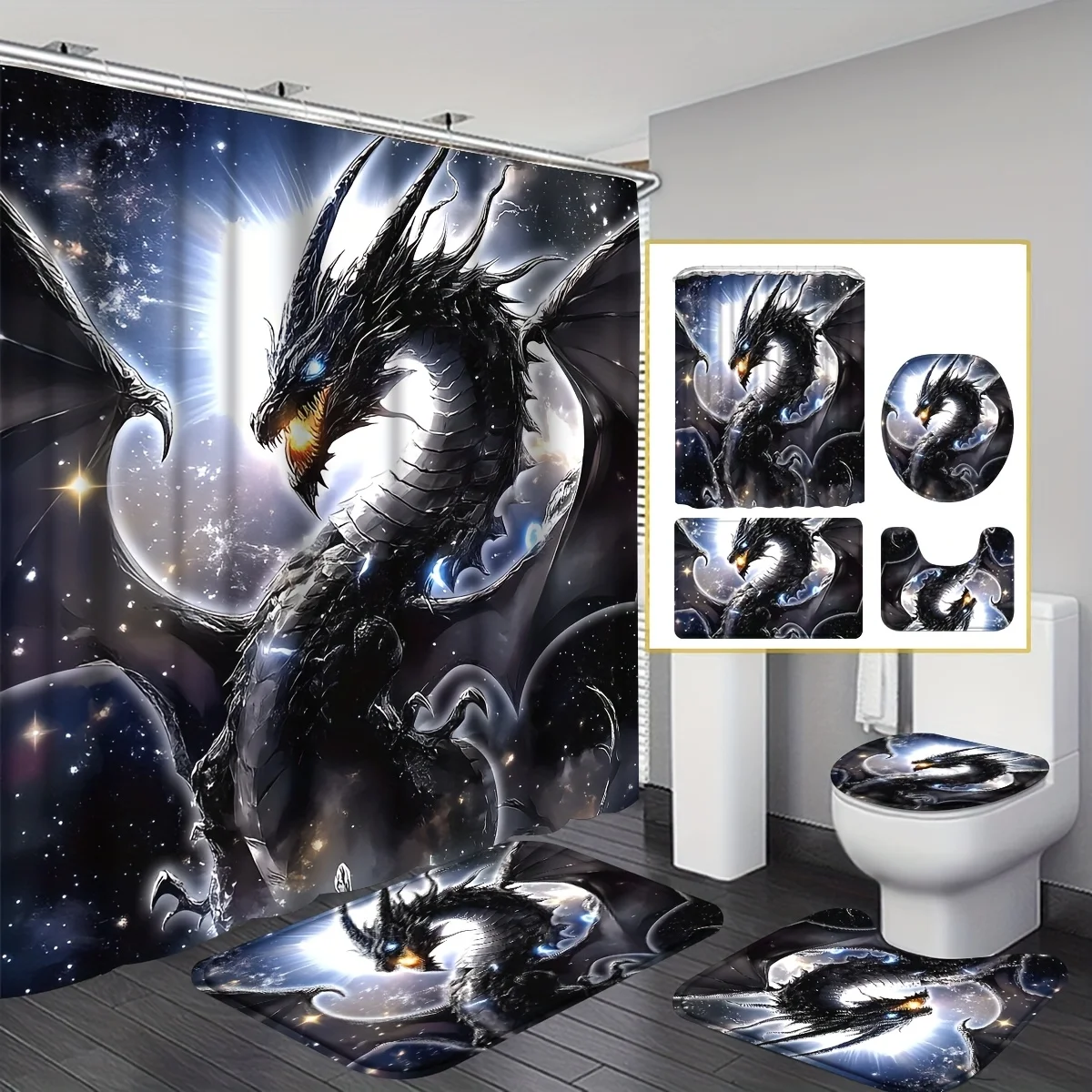 Fantasy Moonlight Dragon Bathroom Set – 4-Piece Dark Purple Shower Curtain Kit with Matching Accessories & 12 Decorative Hooks
Fantasy Moonlight Dragon Bathroom Set – 4-Piece Dark Purple Shower Curtain Kit with Matching Accessories & 12 Decorative Hooks