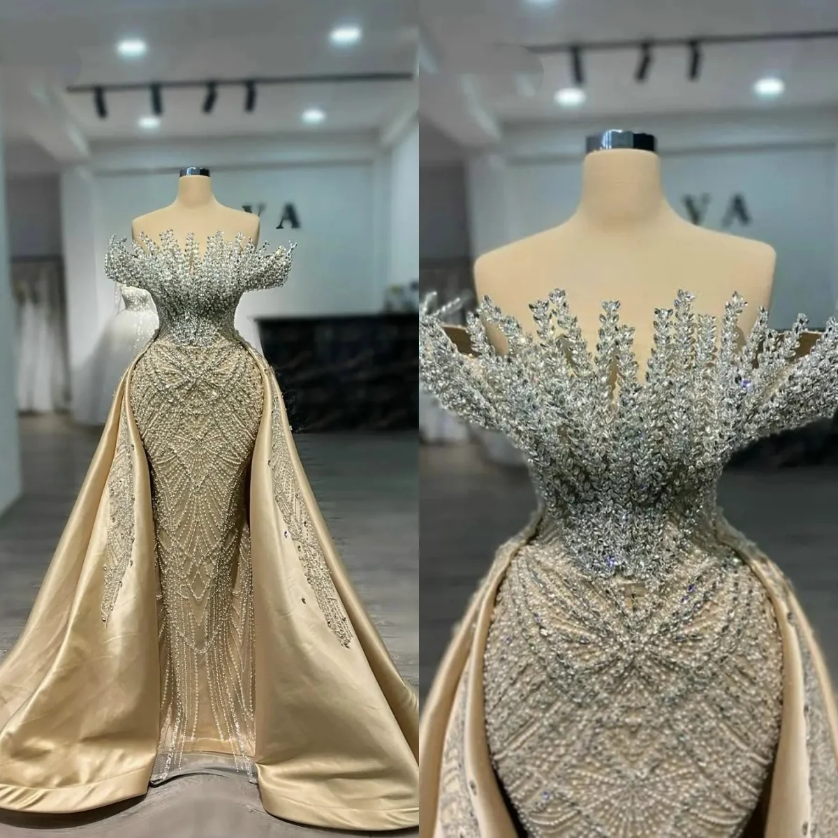 Exquisite Evening Dresses For Women Off Shoulder Sleeveless Gown Crystal Sequins Detachable Train Dress Party Customized Dress
Exquisite Evening Dresses For Women Off Shoulder Sleeveless Gown Crystal Sequins Detachable Train Dress Party Customized Dress