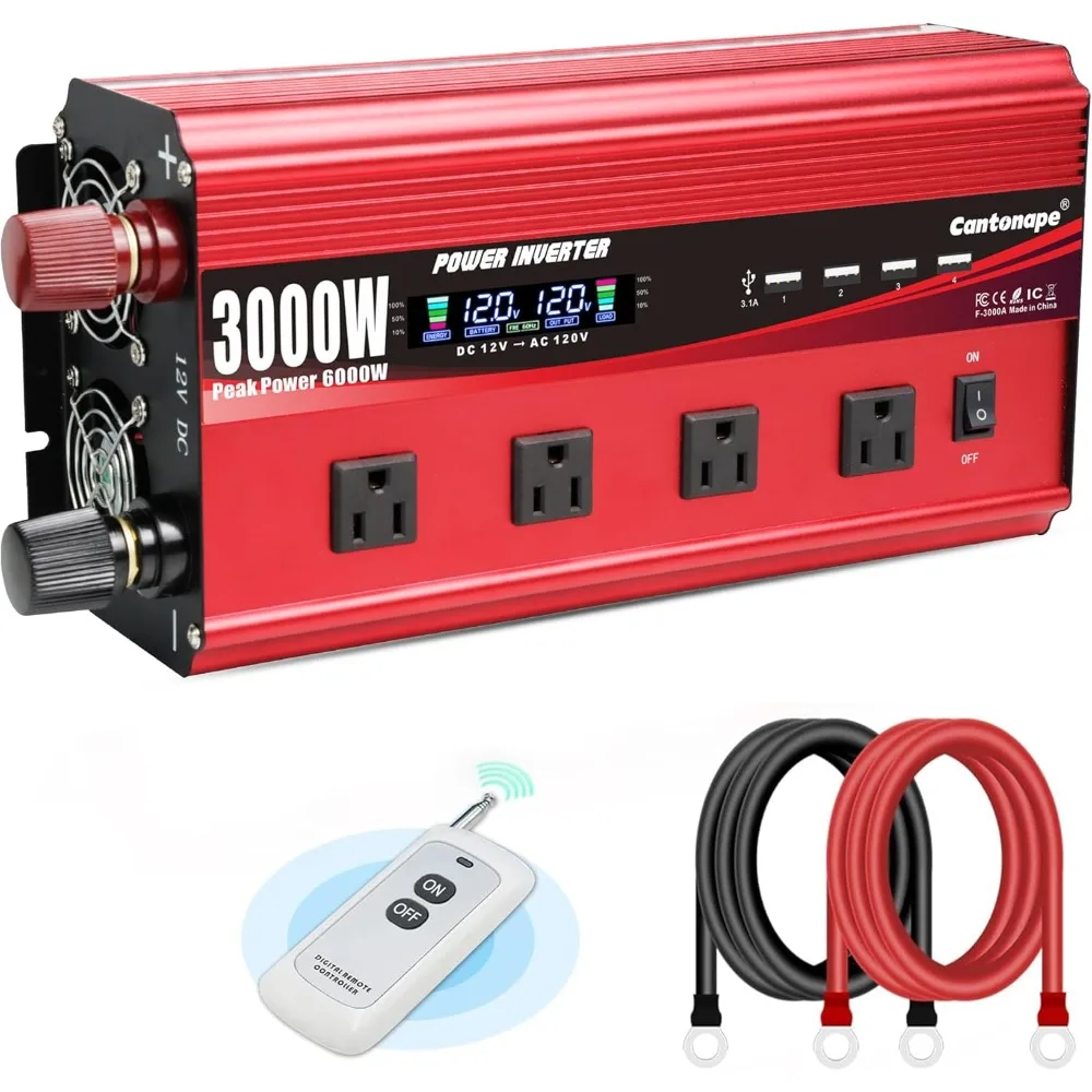 3000Watt 12V DC to 110/120V AC Power Inverter with LCD Display, Remote Control, 4 AC Outlets, and 4 USB Ports
3000Watt 12V DC to 110/120V AC Power Inverter with LCD Display, Remote Control, 4 AC Outlets, and 4 USB Ports