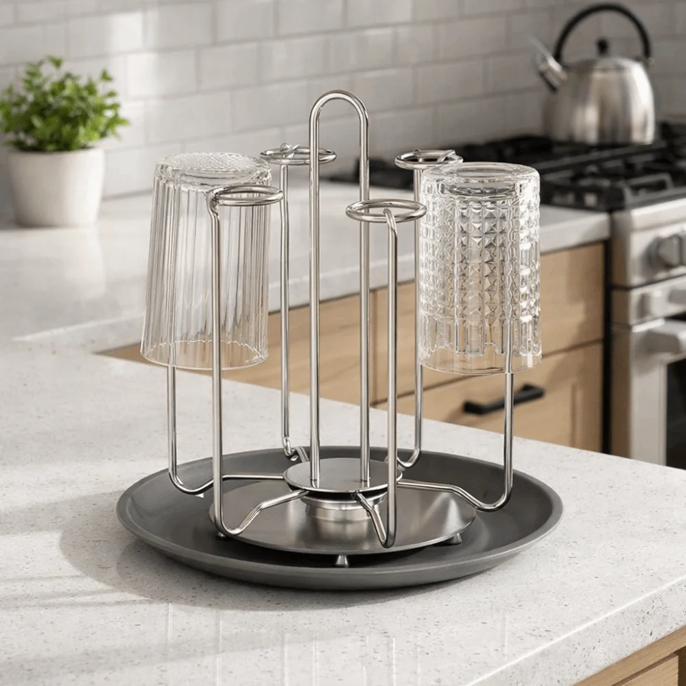 Stainless Steel Rotating Cup Holder Upside-Down Saving Space Glass Cup Storage Rack with Tray Large Capacity Cup Organizer
Stainless Steel Rotating Cup Holder Upside-Down Saving Space Glass Cup Storage Rack with Tray Large Capacity Cup Organizer