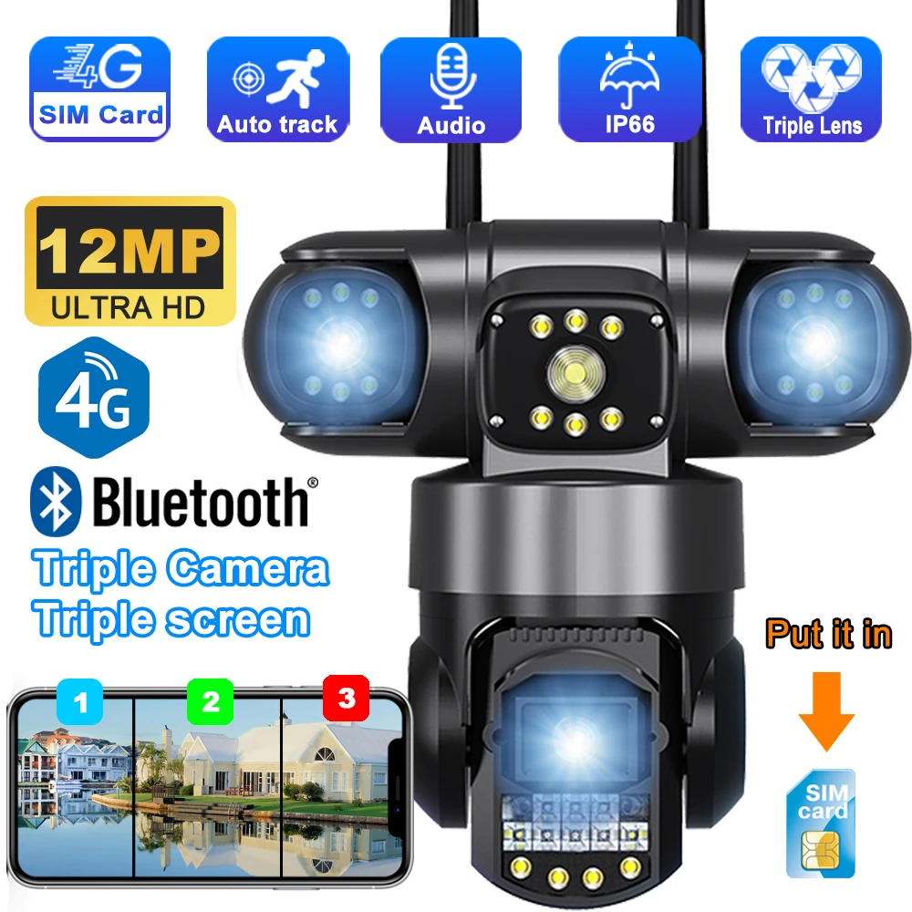4G Camera 12MP 6K Three Lens Three Screen Monitor Waterproof Night Vision Auto Tracking Monitoring Alarm PTZ Video CCTV
4G Camera 12MP 6K Three Lens Three Screen Monitor Waterproof Night Vision Auto Tracking Monitoring Alarm PTZ Video CCTV