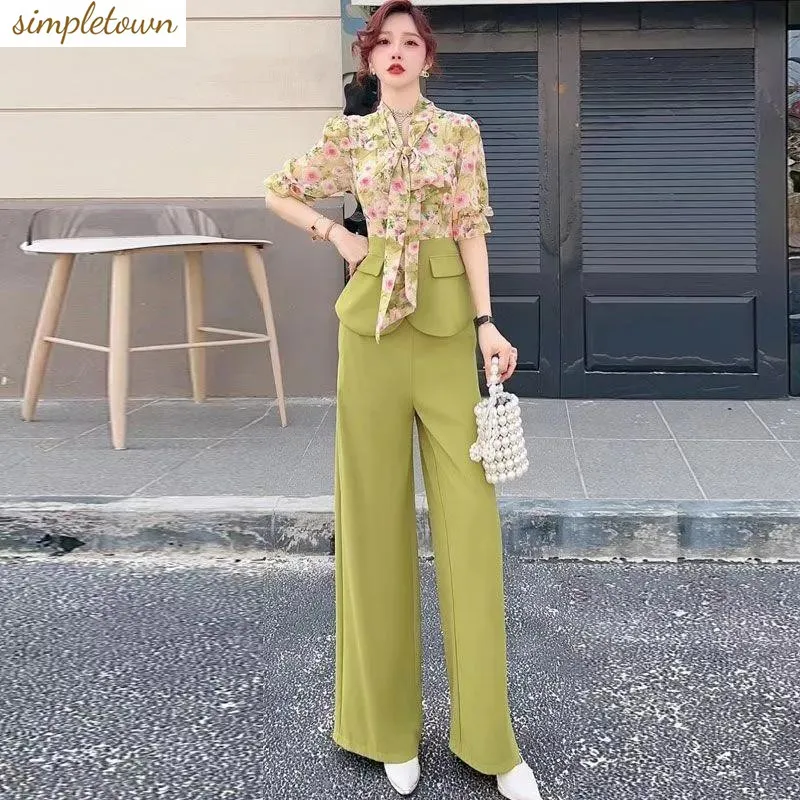 Summer new women's set fashionable slim fit printed top+high waist wide leg pants two-piece set
Summer new women's set fashionable slim fit printed top+high waist wide leg pants two-piece set