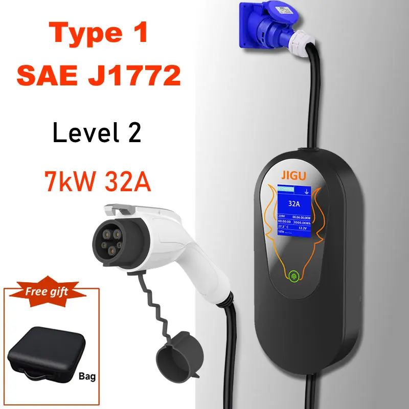 JIGU Level 2 Type 1 charger 7KW Portabl EV Charger 32A CEE Plug SAE J1772 Set current 8-32A Delayed charging 0-10 hours
JIGU Level 2 Type 1 charger 7KW Portabl EV Charger 32A CEE Plug SAE J1772 Set current 8-32A Delayed charging 0-10 hours