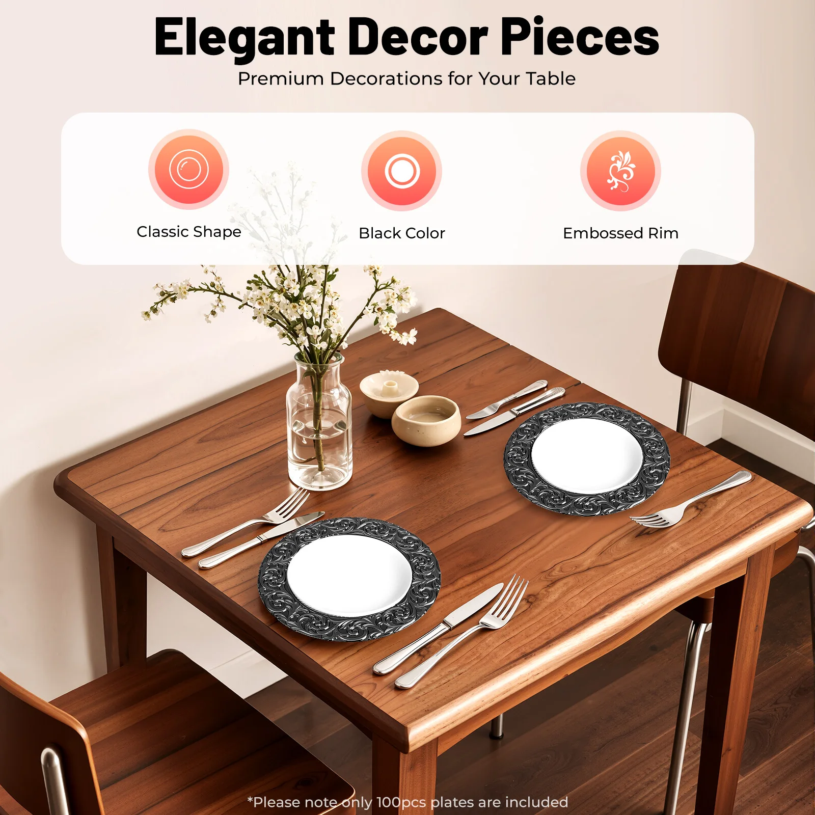 100 PCS Black Charger Plates Set, Round Charger Plates, Reusable Serving Plates 33*2cm for Birthday Parties, Holidays, Weddings
100 PCS Black Charger Plates Set, Round Charger Plates, Reusable Serving Plates 33*2cm for Birthday Parties, Holidays, Weddings