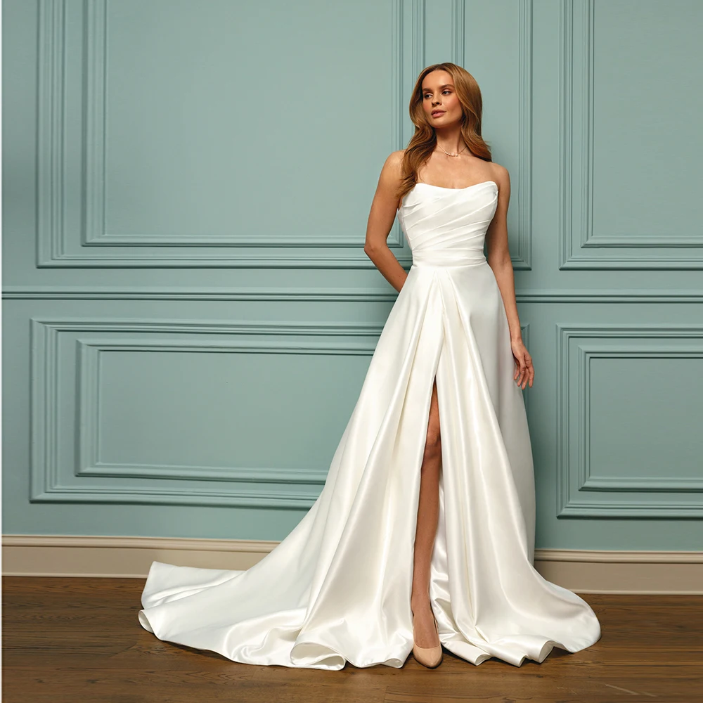Customized Simple Off-Shoulder Satin Pleated Bridal Wedding Dress Wedding Gown Front Slit Court Backless
Customized Simple Off-Shoulder Satin Pleated Bridal Wedding Dress Wedding Gown Front Slit Court Backless