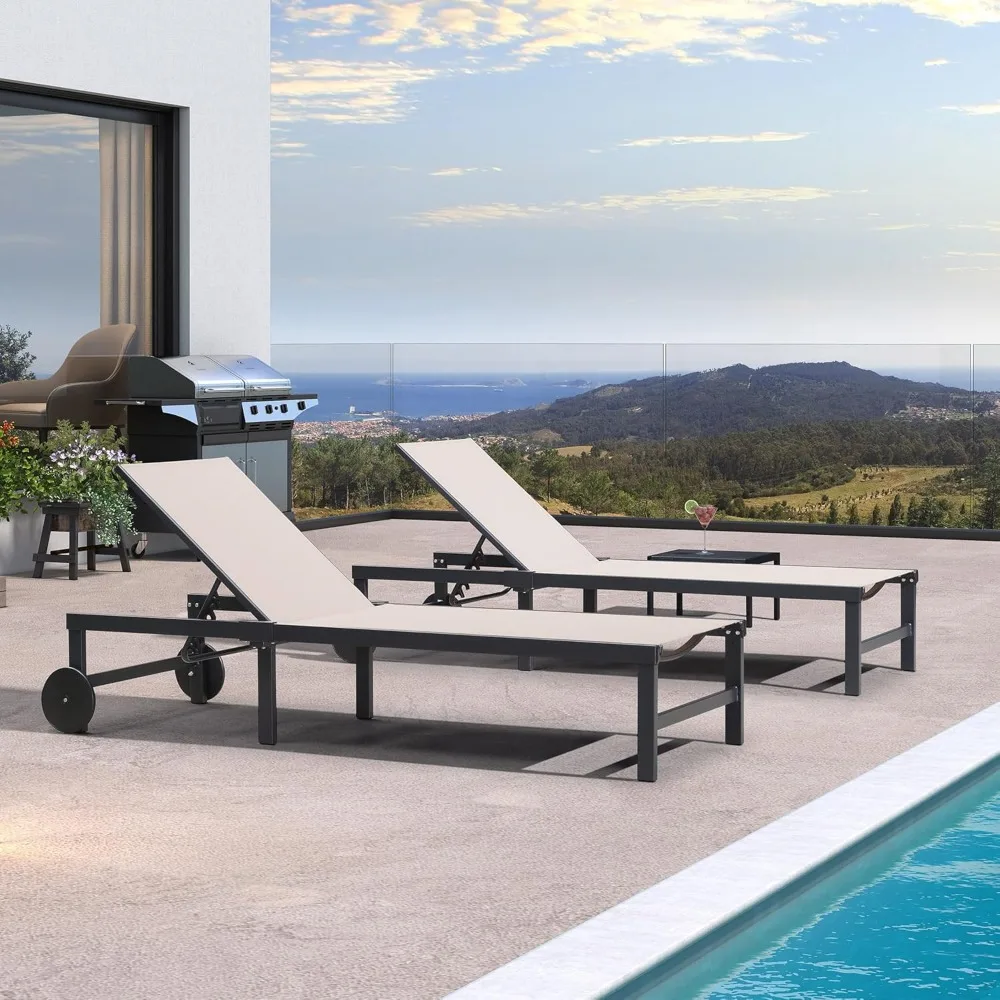 Set deck chairs Aluminum adjustable chairs with wheels and side tables on poolside beach terrace sun loungers
Set deck chairs Aluminum adjustable chairs with wheels and side tables on poolside beach terrace sun loungers