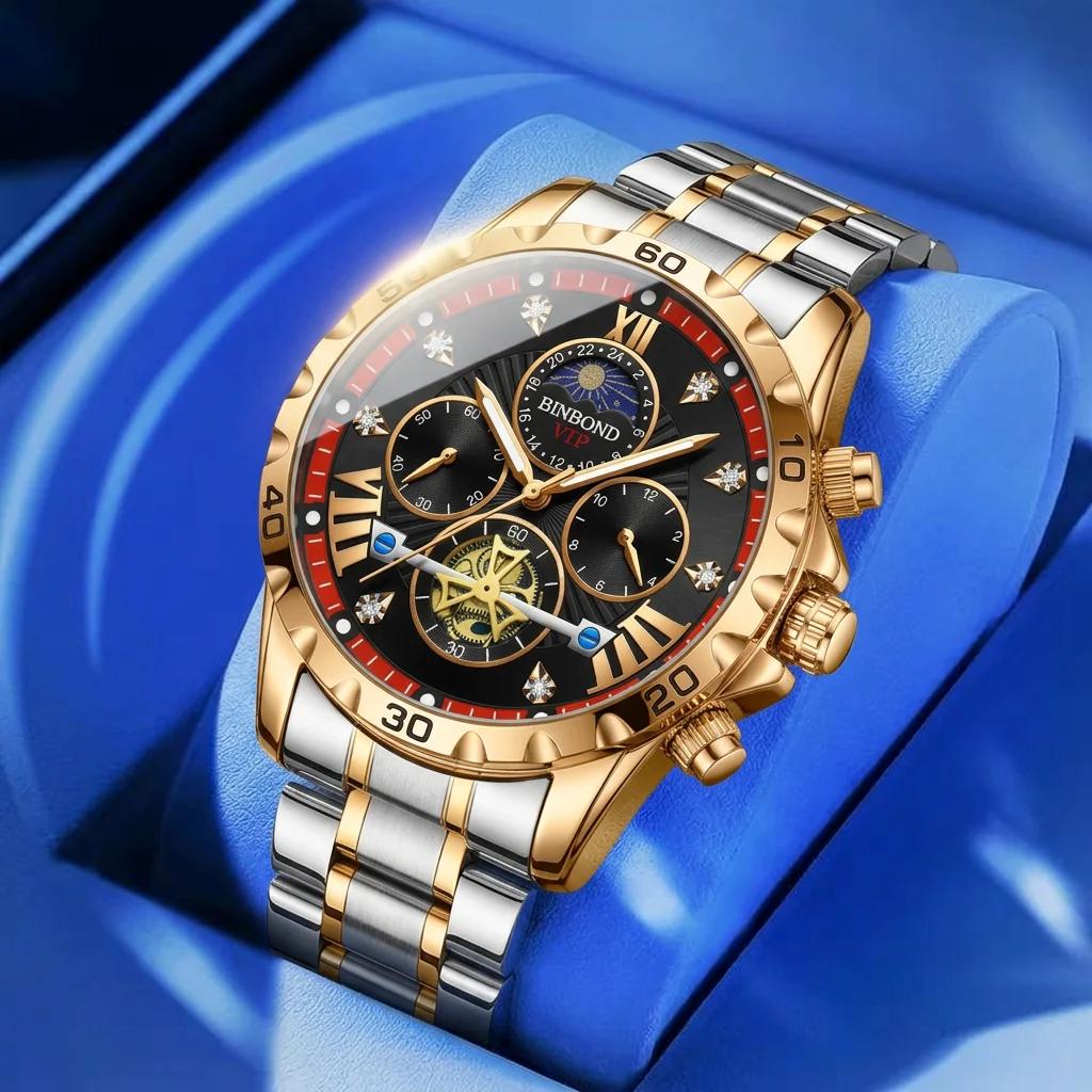 1pcs Men's Trendy Mechanical Watch Double Color Metal Strap Roman Numerals Dial Hollow Design Three Eye Chronograph Moon
1pcs Men's Trendy Mechanical Watch Double Color Metal Strap Roman Numerals Dial Hollow Design Three Eye Chronograph Moon