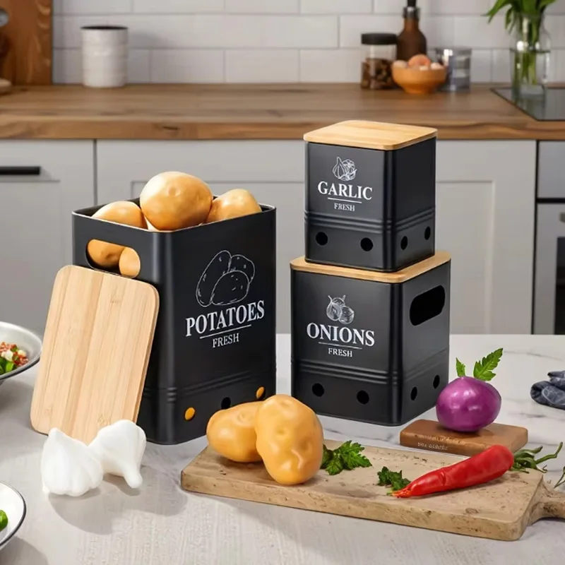 Potato Onion Garlic Storage Set of 3 Ventilated Iron Canisters with Bamboo Lids Potato and Onion Storage Bin for Pantry
Potato Onion Garlic Storage Set of 3 Ventilated Iron Canisters with Bamboo Lids Potato and Onion Storage Bin for Pantry