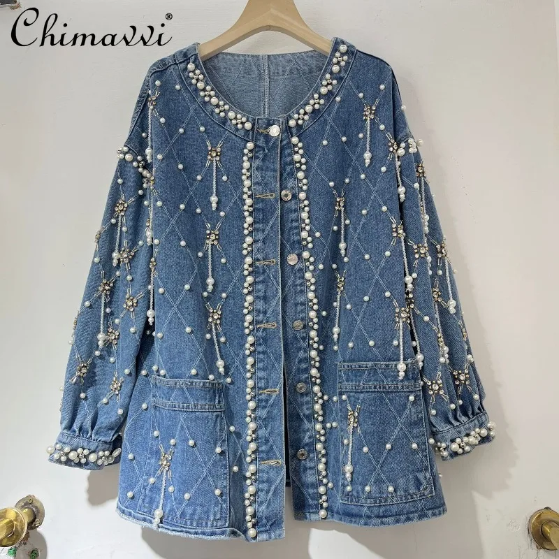 Heavy Beaded Rhinestone Denim Jacket for Women 2025 Autumn Clothes New Fashion Loose Slimming European Mid-Length Coat Top
Heavy Beaded Rhinestone Denim Jacket for Women 2025 Autumn Clothes New Fashion Loose Slimming European Mid-Length Coat Top