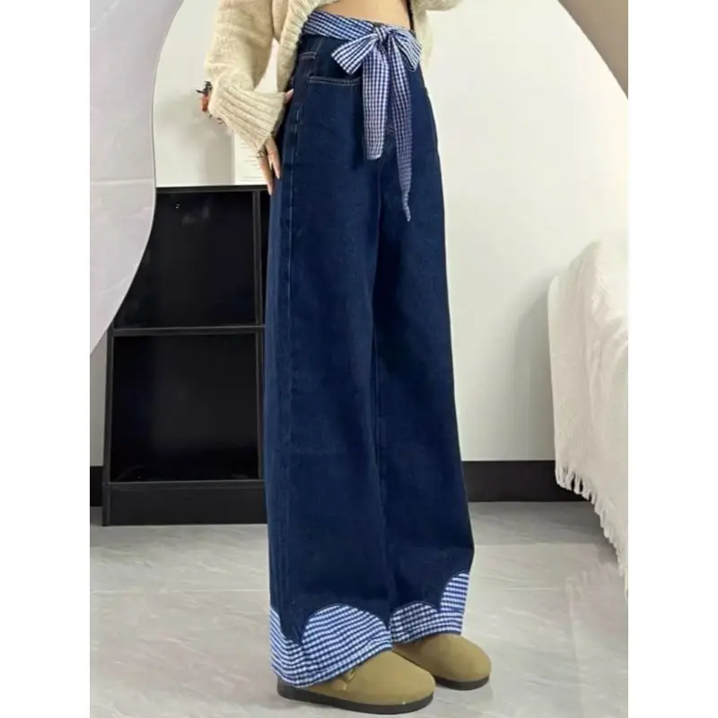 Women Jeans Plaid Bow Patchwork Navy Blue Fashion Sweet Korean Lovely Girls Jeans Wide Leg Pants All-match
Women Jeans Plaid Bow Patchwork Navy Blue Fashion Sweet Korean Lovely Girls Jeans Wide Leg Pants All-match