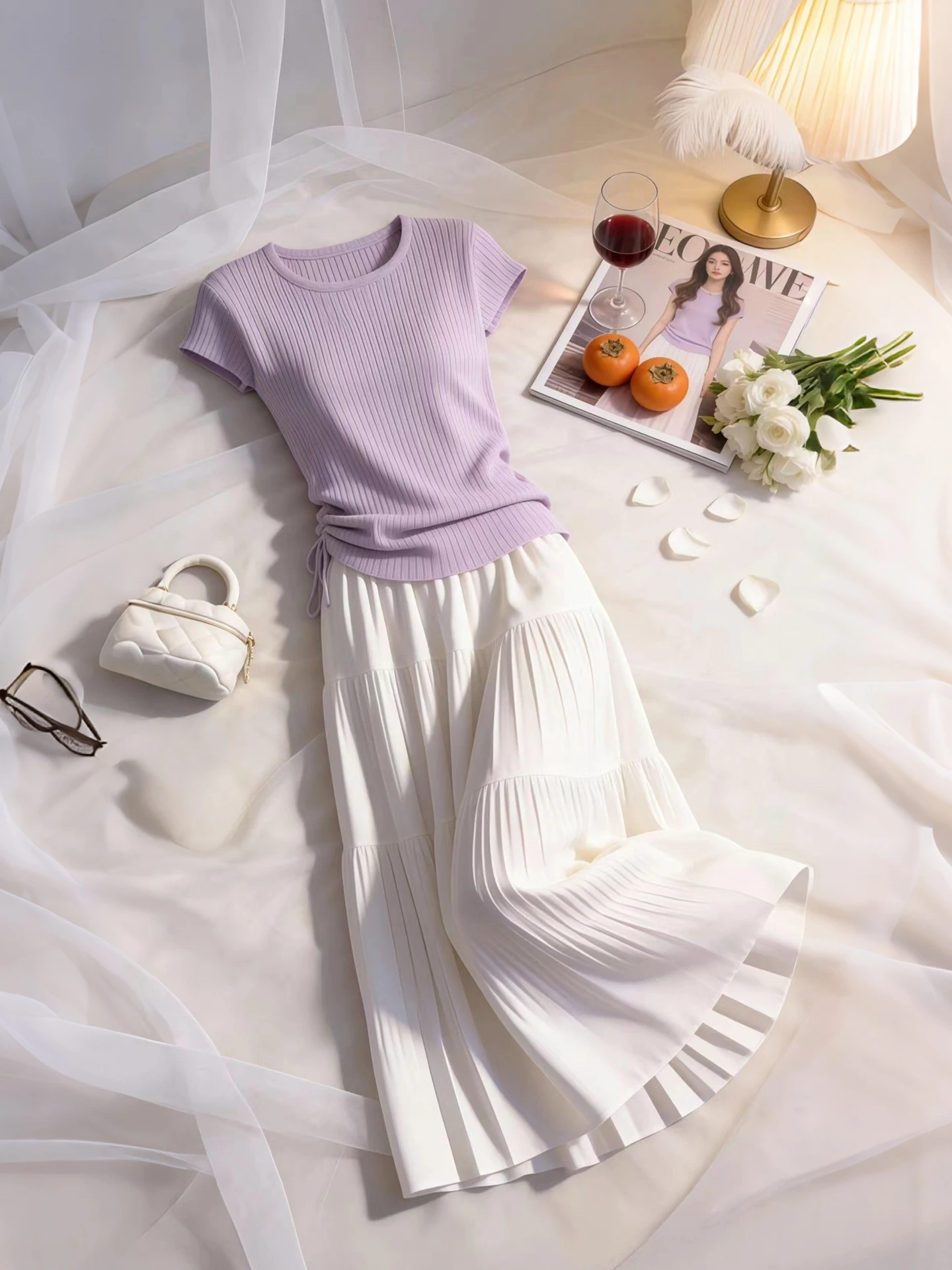 Summer Women's round Neck Waist-Cinching Knitted Short Sleeve T-Shirt White Skirt Two-Piece Set Fashionable Commute Style
Summer Women's round Neck Waist-Cinching Knitted Short Sleeve T-Shirt White Skirt Two-Piece Set Fashionable Commute Style