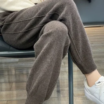 가을/겨울 하이 웨이스트 슬리밍 니트 바닥 바지 여성 캐주얼 신축성있는 허리 스트레이트 레그 울 슬리밍 바지