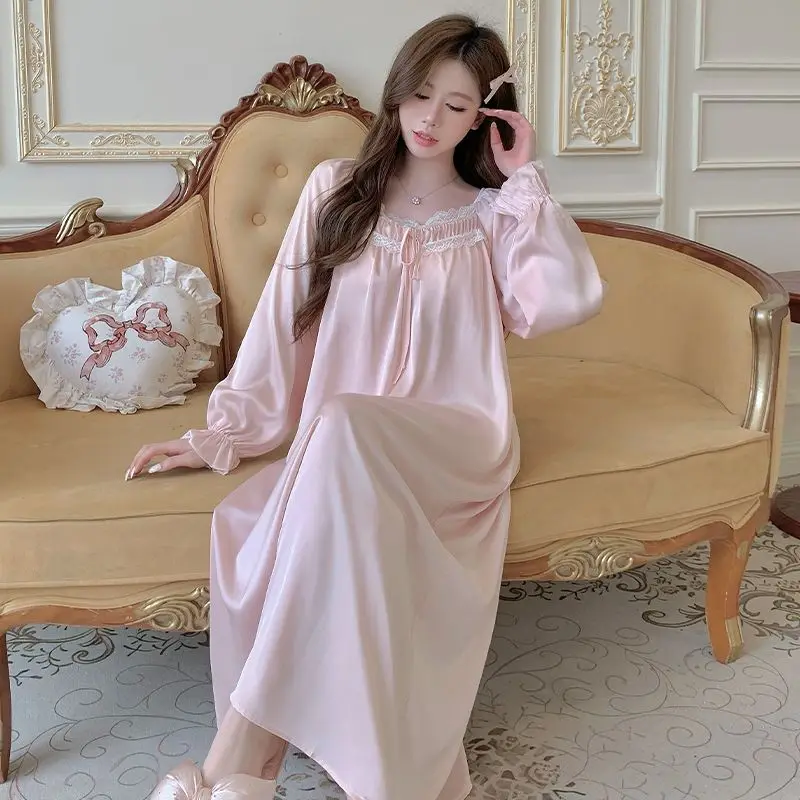 2025 Autumn Long Sleeve Silk Satin Sexy Lace Nightgowns For Women Korean Cute Bow Sleepwear Night Dress Nightdress Home Nighty
2025 Autumn Long Sleeve Silk Satin Sexy Lace Nightgowns For Women Korean Cute Bow Sleepwear Night Dress Nightdress Home Nighty