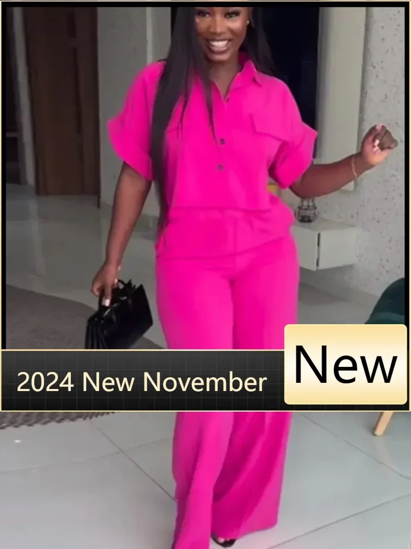 Customized Women's Two Piece Sets Spring Summer Casual Solid Turn-down Neck Short Sleeve Loose Top & Wide Leg Pants Set Streetw
Customized Women's Two Piece Sets Spring Summer Casual Solid Turn-down Neck Short Sleeve Loose Top & Wide Leg Pants Set Streetw