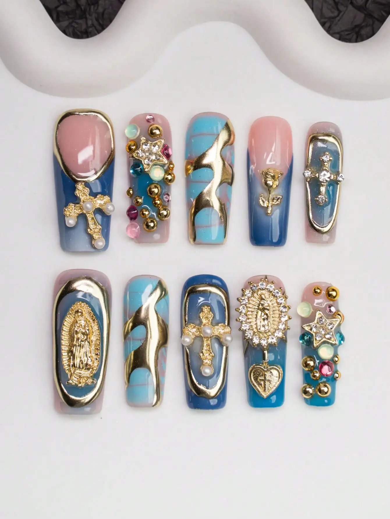 10Pcs/Set Handmade Square Y2K Baddie Acrylic Nails With French Tips, Rhinestones, Cross, Heart, Star, Golden Rose, Snake
10Pcs/Set Handmade Square Y2K Baddie Acrylic Nails With French Tips, Rhinestones, Cross, Heart, Star, Golden Rose, Snake