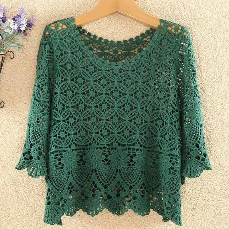 Hollow sun protection knitted layered top for women's summer outerwear with loose fitting design and a niche half sleeved top
Hollow sun protection knitted layered top for women's summer outerwear with loose fitting design and a niche half sleeved top