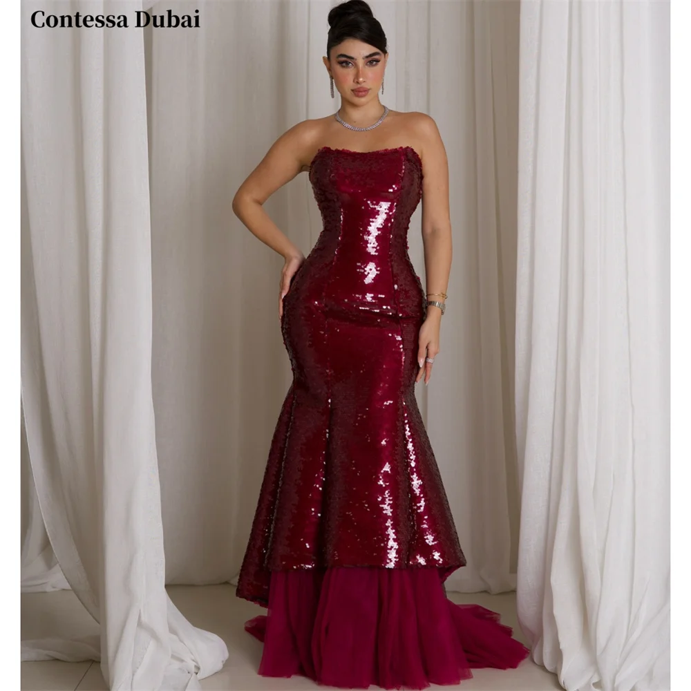 Contessa Custom Burgundy Full Sequin Evening Dress Strapless Tulle Prom Dresses Mermaid Vestidos De Noche Train Formal Evening
Contessa Custom Burgundy Full Sequin Evening Dress Strapless Tulle Prom Dresses Mermaid Vestidos De Noche Train Formal Evening