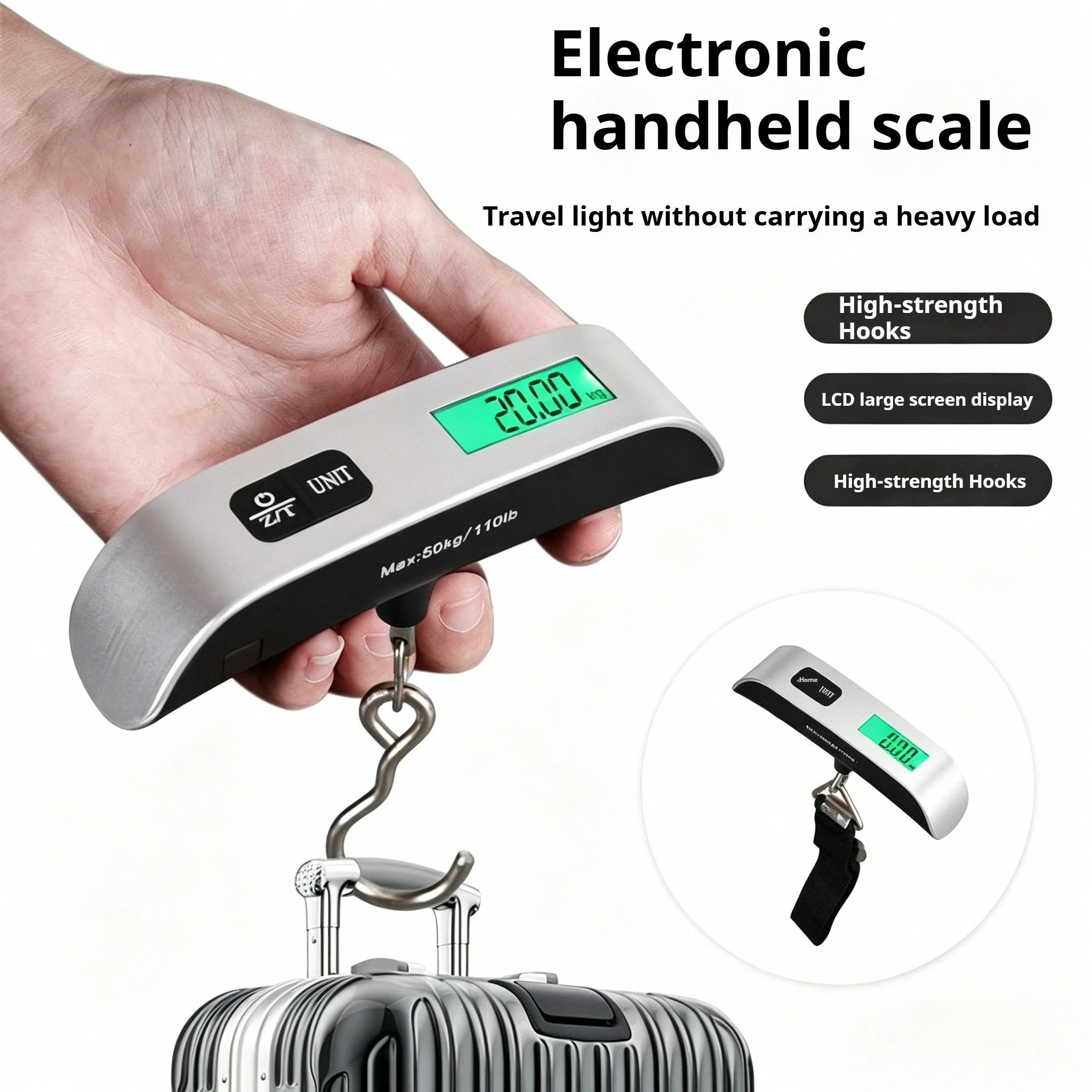 Portable hanging electronic scale, maximum weighing 50kg, available in two styles: hook type and luggage strap type.
Portable hanging electronic scale, maximum weighing 50kg, available in two styles: hook type and luggage strap type.