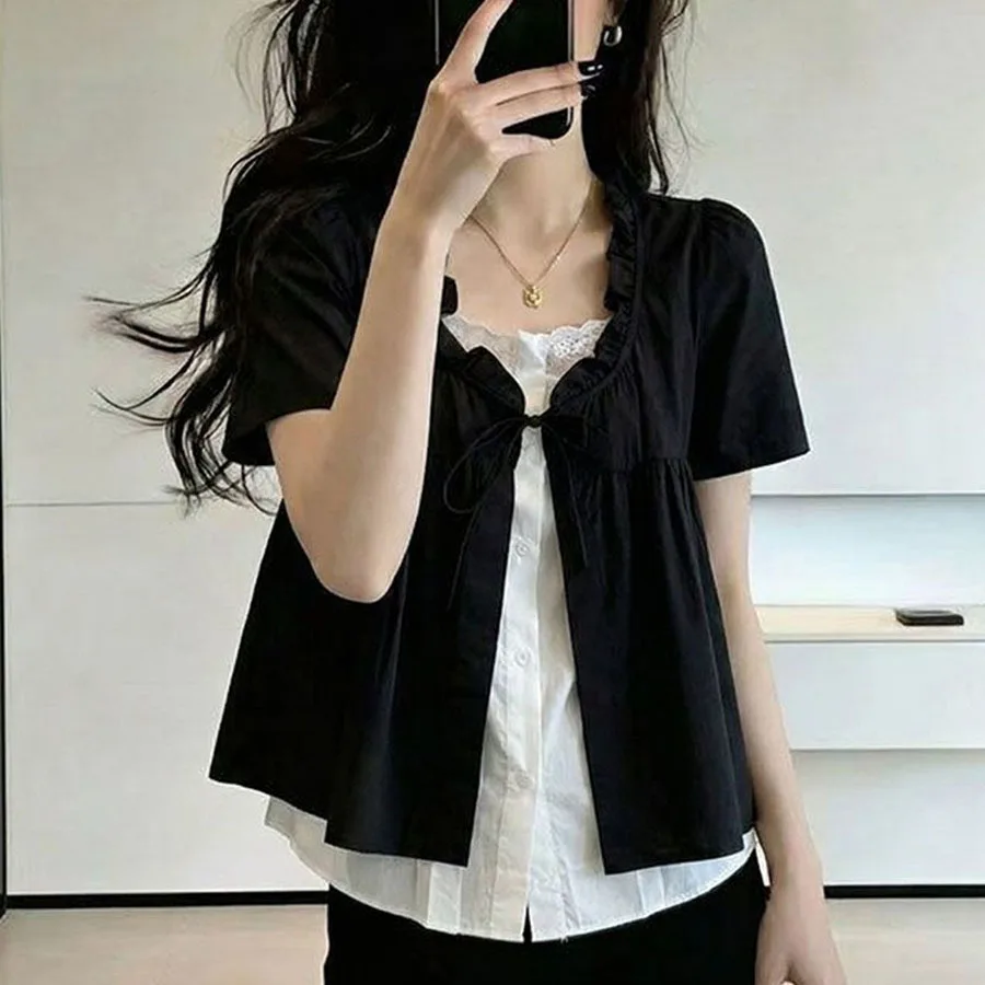 Women Fake two pieces Shirt New Summer Covered Belly Contrast Color Wood ear Lace Short-sleeved Coat Female Slim Shirts Ladies
Women Fake two pieces Shirt New Summer Covered Belly Contrast Color Wood ear Lace Short-sleeved Coat Female Slim Shirts Ladies