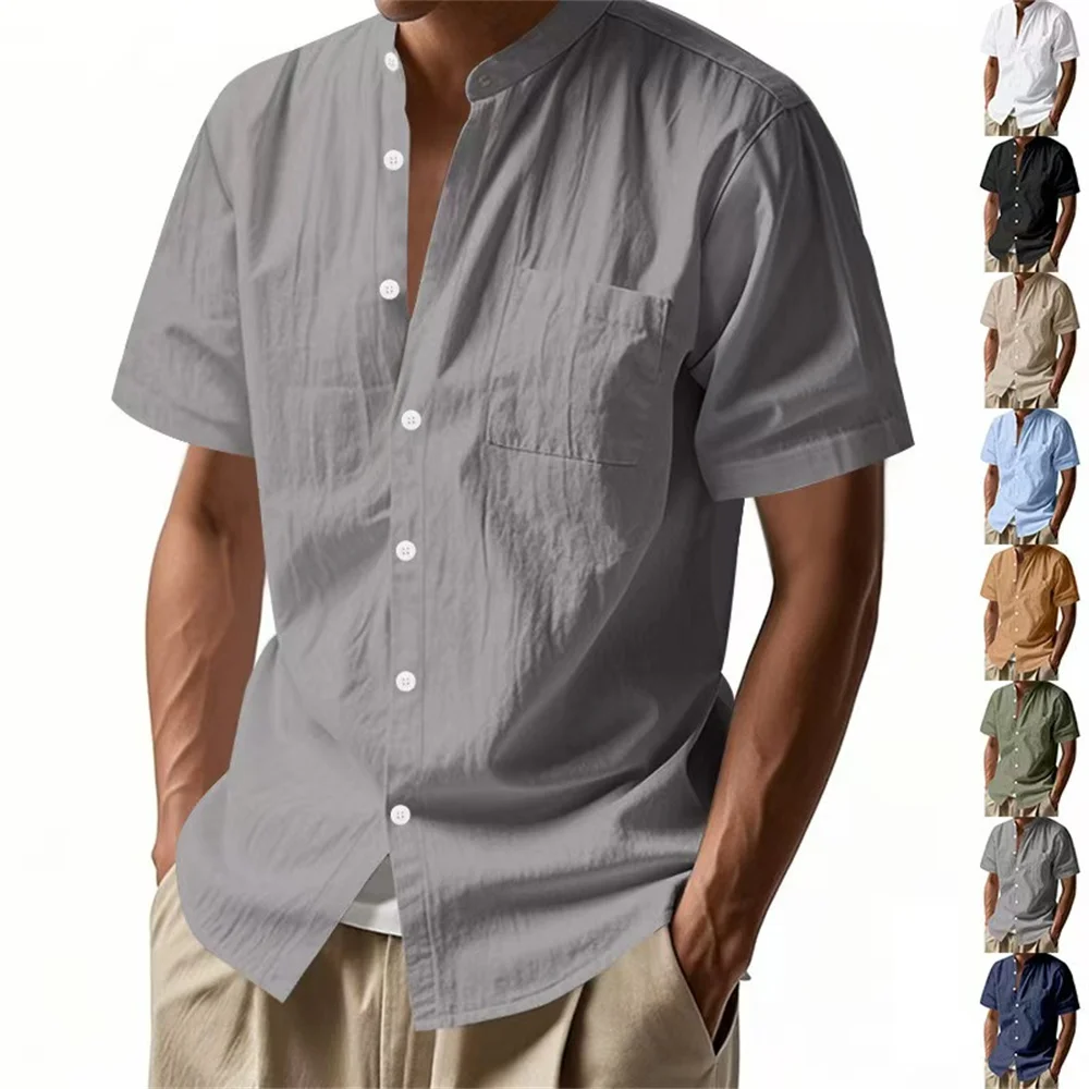 New linen short sleeve shirt men's summer solid color stand collar pocket loose casual shirt t-shirt top
New linen short sleeve shirt men's summer solid color stand collar pocket loose casual shirt t-shirt top