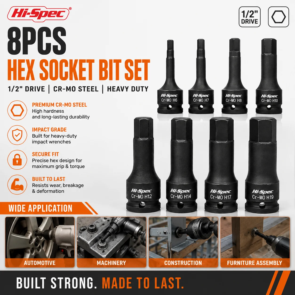 Hi-Spec 1/2 Inch 8PCS Impact Hex Bit Socket Set Cr-Mo Heavy Duty Electric Wrench Drill Adapter H5-H19 Hex Driver for Auto Repair
Hi-Spec 1/2 Inch 8PCS Impact Hex Bit Socket Set Cr-Mo Heavy Duty Electric Wrench Drill Adapter H5-H19 Hex Driver for Auto Repair