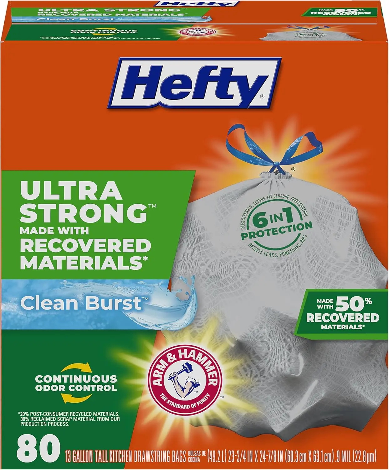 Ultra Strong Tall Kitchen Trash Bags, 13 Gallon, 80 Count with Clean Burst Scent
Ultra Strong Tall Kitchen Trash Bags, 13 Gallon, 80 Count with Clean Burst Scent