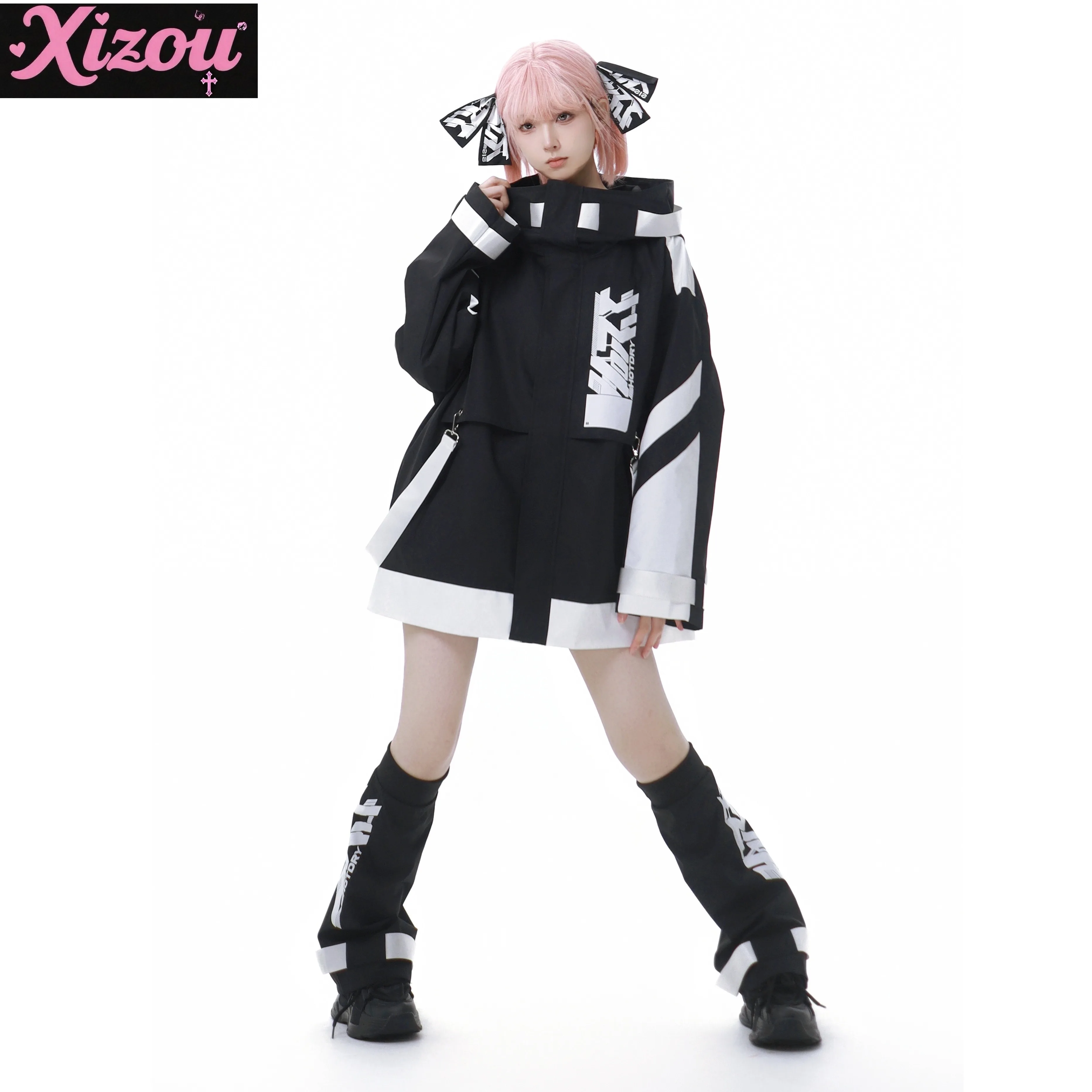 Subculture Y2k Панк Лоскутное пальто большого размера Уличная готическая куртка с капюшоном Осеннее японское двумерное пальто для девочек средней длины