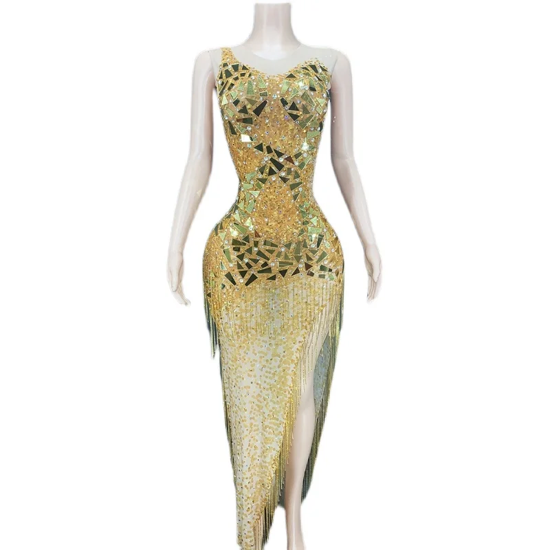 Sexy Split Party Dress Sleeveless Celebrate Evening Birthday Dress Women Sparkly Gold Mirror Rhinestone Fringes Long Dress
Sexy Split Party Dress Sleeveless Celebrate Evening Birthday Dress Women Sparkly Gold Mirror Rhinestone Fringes Long Dress