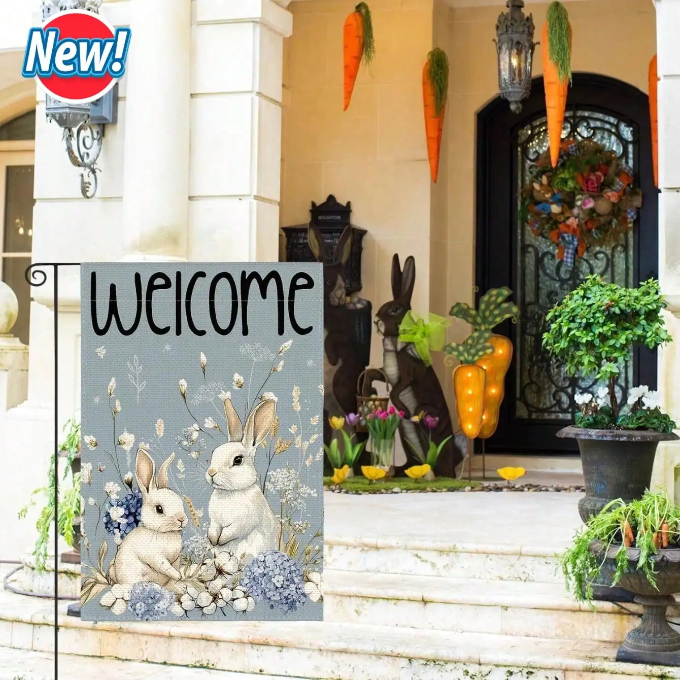Easter Garden Flag , Spring Floral Bunny Rabbit with Blue Flowers Vibrant Design, Welcome Happy Easter Holiday Decor
Easter Garden Flag , Spring Floral Bunny Rabbit with Blue Flowers Vibrant Design, Welcome Happy Easter Holiday Decor