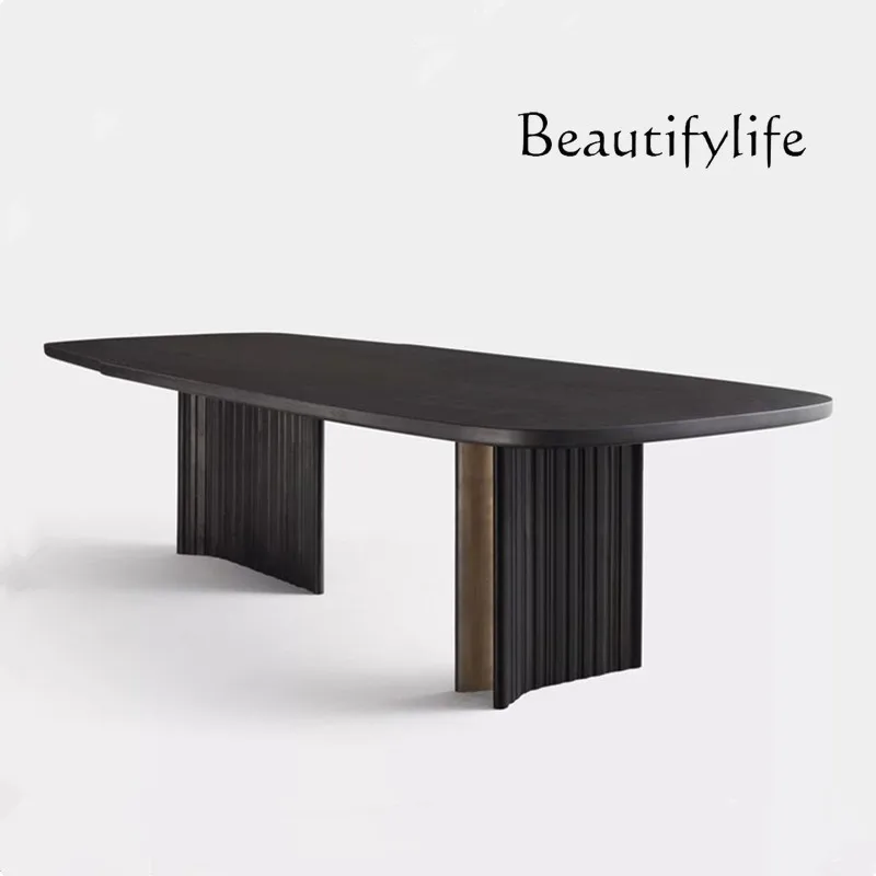 Nordic minimalist home solid wood dining table simple desk modern metal black conference table
Nordic minimalist home solid wood dining table simple desk modern metal black conference table
