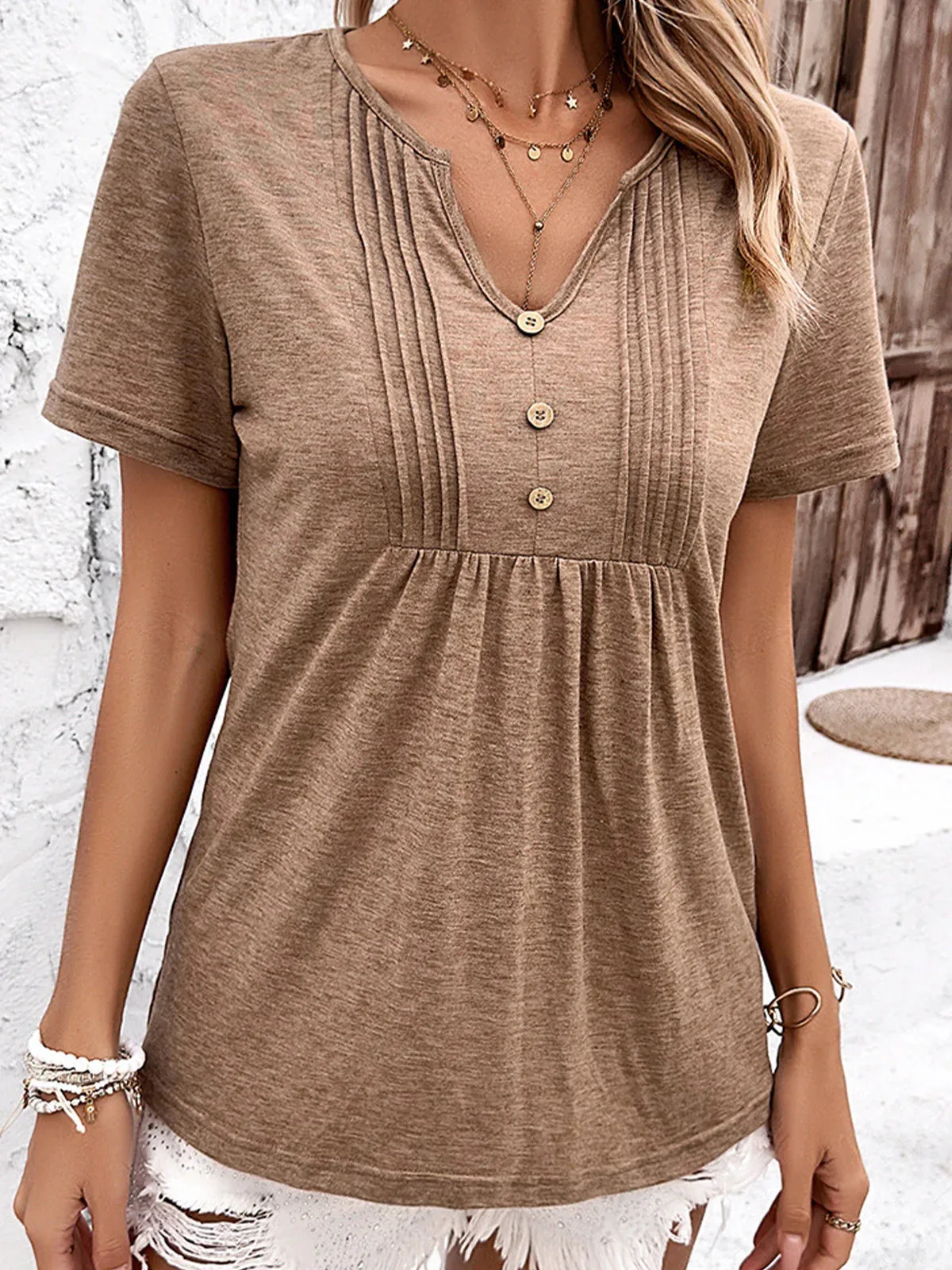 Oversized V-Neck T-Shirt Women Casual Pleated Short Sleeve Blouse Brown Solid Color Ladies Top V Neck Womens Clothing Summer New
Oversized V-Neck T-Shirt Women Casual Pleated Short Sleeve Blouse Brown Solid Color Ladies Top V Neck Womens Clothing Summer New