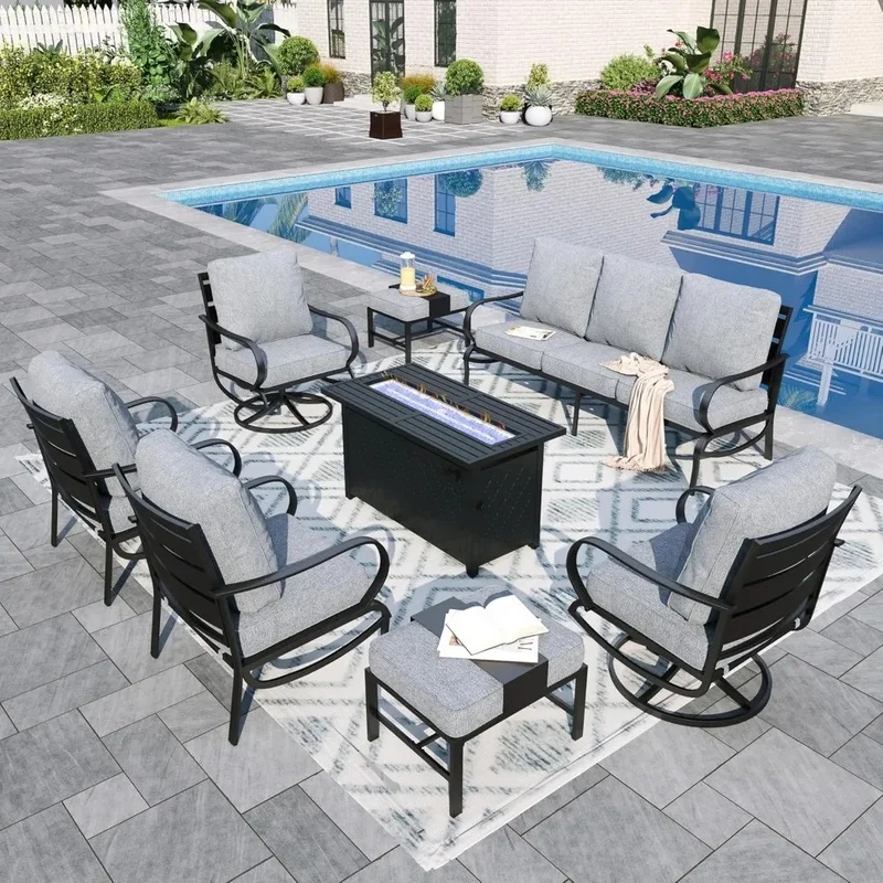 9-Piece Outdoor Patio Furniture Set with 45" Gas Fire Pit Table, Includes 2 Sofa Chairs, Ideal for Conversation and Relaxation
9-Piece Outdoor Patio Furniture Set with 45" Gas Fire Pit Table, Includes 2 Sofa Chairs, Ideal for Conversation and Relaxation