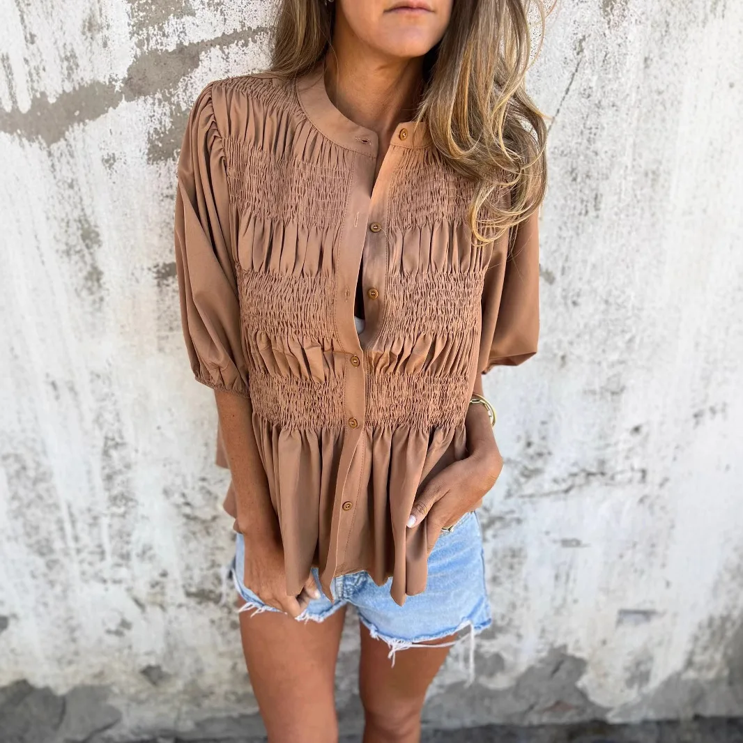 2025 Spring Summer New Solid Blouses Women's Stand Collar Pleated Short Sleeve Shirts Office Work Blouse Blusas Para Mujer Tops
2025 Spring Summer New Solid Blouses Women's Stand Collar Pleated Short Sleeve Shirts Office Work Blouse Blusas Para Mujer Tops