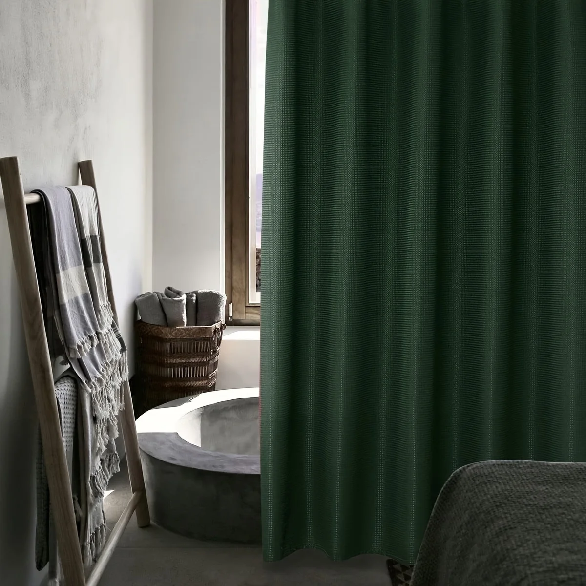 Fabric Shower Curtain with a Modern Farmhouse Design, Featuring a Rectangular Textured Pattern And Hooks, Perfect for Decorating
Fabric Shower Curtain with a Modern Farmhouse Design, Featuring a Rectangular Textured Pattern And Hooks, Perfect for Decorating