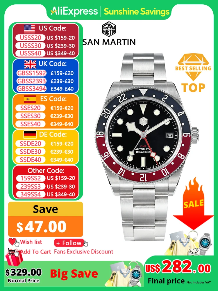 San Martin 39,5 мм NH34 GMT Мужские роскошные часы Двунаправленный алюминиевый безель Автоматические механические сапфировые часы 100 м Водонепроницаемые SN0109
San Martin 39,5 мм NH34 GMT Мужские роскошные часы Двунаправленный алюминиевый безель Автоматические механические сапфировые часы 100 м Водонепроницаемые SN0109
