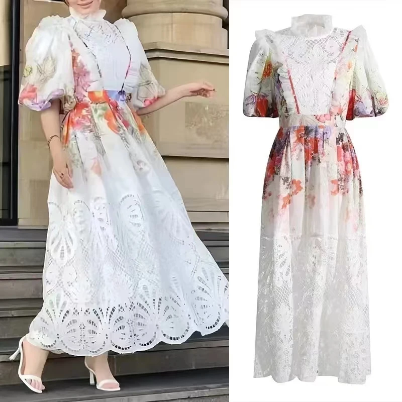 Luxury Autumn Spring Printed Lace Hollow Out White Long Dress New Vintage Women Puff Sleeve Stand Collar Flower Ruffles Dresses
Luxury Autumn Spring Printed Lace Hollow Out White Long Dress New Vintage Women Puff Sleeve Stand Collar Flower Ruffles Dresses