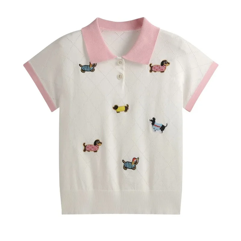 Summer New Chic Cartoon Embroidery Polo Neck Tops Women Clothing Vintage Casual Slim Short Sleeve T-Shirt
Summer New Chic Cartoon Embroidery Polo Neck Tops Women Clothing Vintage Casual Slim Short Sleeve T-Shirt