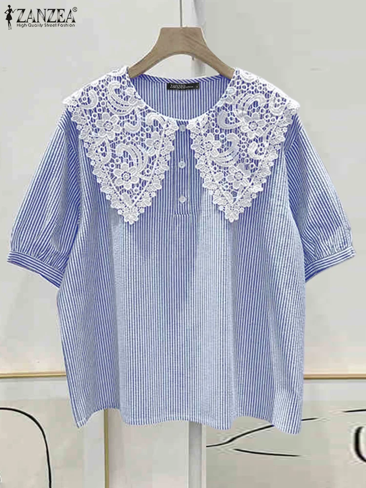 Women Striped Printed Shirts ZANZEA Fashion Lace Stitching Blouses Holiday Office Lady Short Sleeve Blusas 2025 Summer Tunics
Women Striped Printed Shirts ZANZEA Fashion Lace Stitching Blouses Holiday Office Lady Short Sleeve Blusas 2025 Summer Tunics