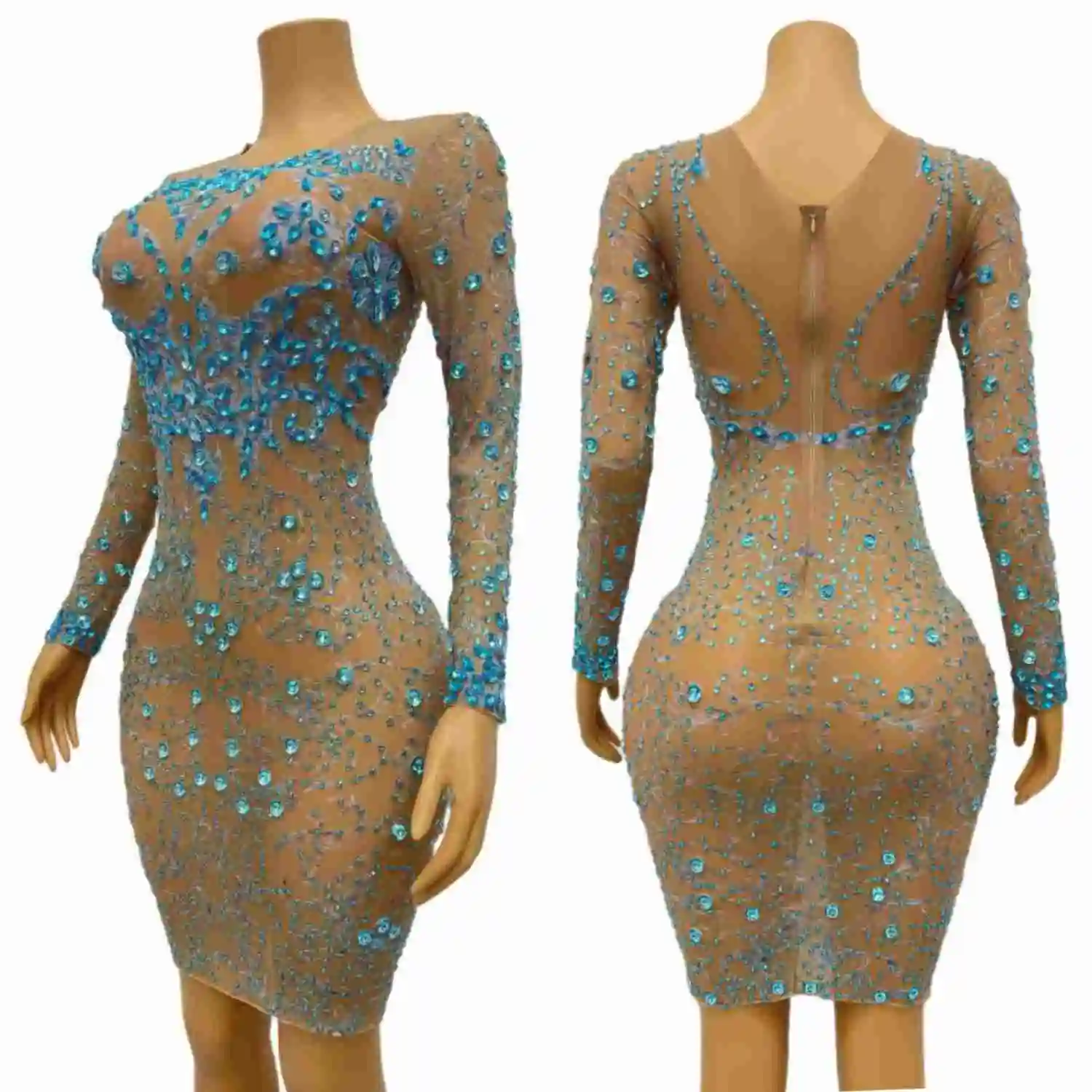 Sparkly Blue Crystals Long Sleeved Skinny Mini Dress Sexy Women Mesh Tight Fitting Short Dress Celebrate Prom Couture Lanying
Sparkly Blue Crystals Long Sleeved Skinny Mini Dress Sexy Women Mesh Tight Fitting Short Dress Celebrate Prom Couture Lanying