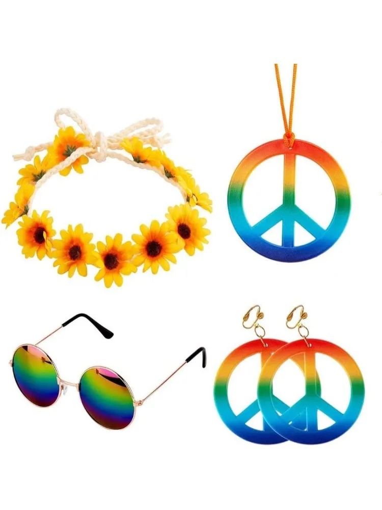 Hippie outfits include sunglasses rainbow peace logo necklace Sunflower headband and 2 earrings for a themed party
Hippie outfits include sunglasses rainbow peace logo necklace Sunflower headband and 2 earrings for a themed party