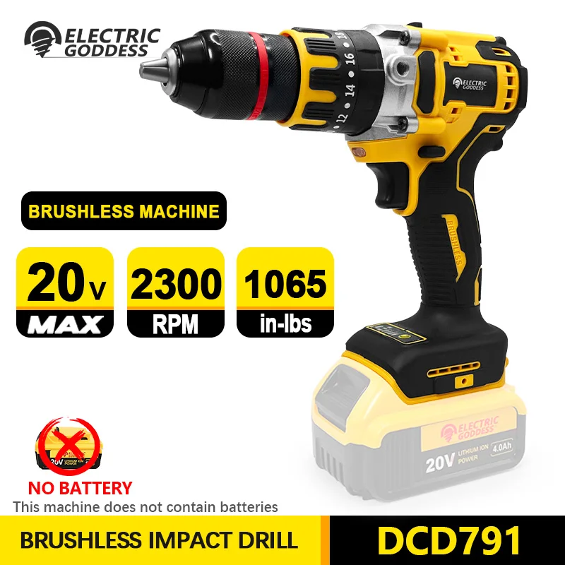 Electric Goddess DCD791 Brushless Motor Electric Impact Cordless Drill Multifunctional Power Tool For Dewalt 20V Batter
Electric Goddess DCD791 Brushless Motor Electric Impact Cordless Drill Multifunctional Power Tool For Dewalt 20V Batter 
