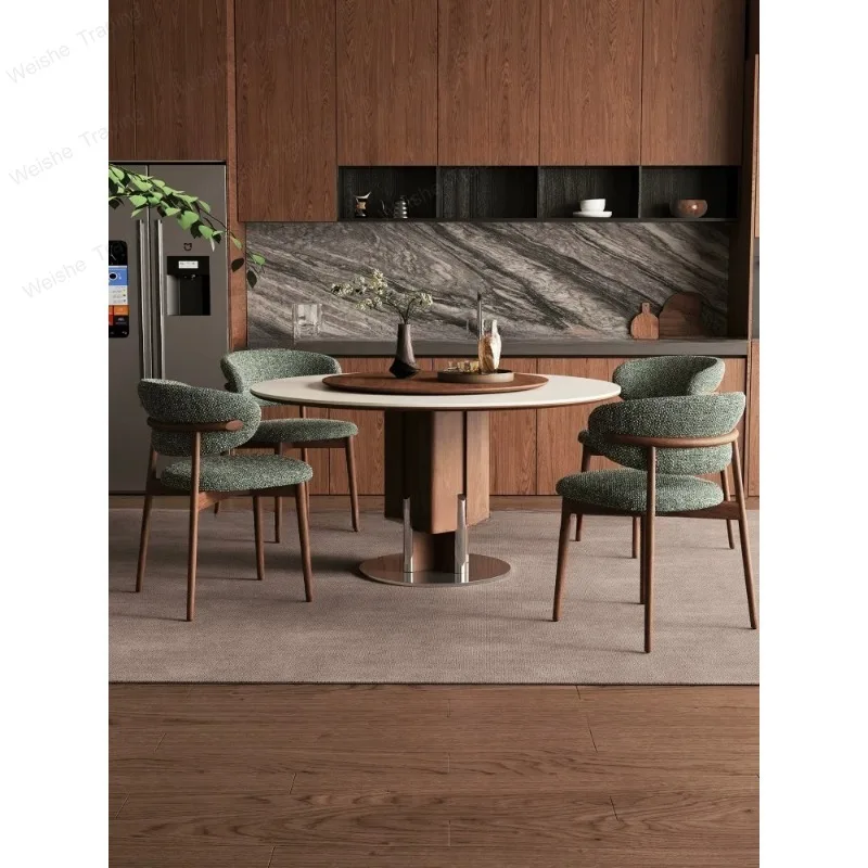 French retro solid wood round table with turntable, modern simplicity, travertine rock slab round dining table
French retro solid wood round table with turntable, modern simplicity, travertine rock slab round dining table
