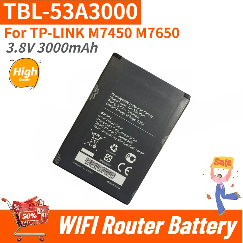 High Quality TBL-53A3000 Battery 3.8V 3000mAh For TP-LINK M7450 M7650 WIFI Router Brand New Replacement Battery
High Quality TBL-53A3000 Battery 3.8V 3000mAh For TP-LINK M7450 M7650 WIFI Router Brand New Replacement Battery