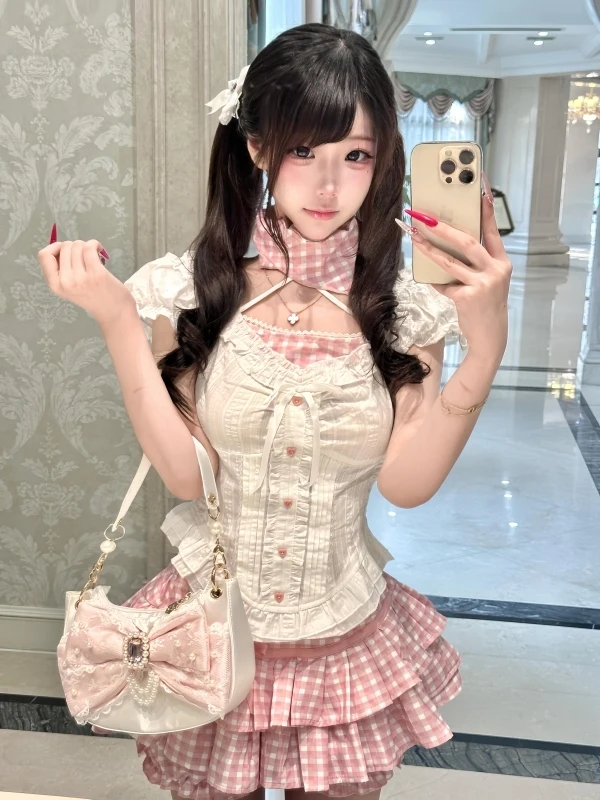 Sweet School Uniform Style Shirt Set Women Summer Spicy Girl Pure Desire White Top Pink Plaid Cake Skirt Two Piece Set
Sweet School Uniform Style Shirt Set Women Summer Spicy Girl Pure Desire White Top Pink Plaid Cake Skirt Two Piece Set