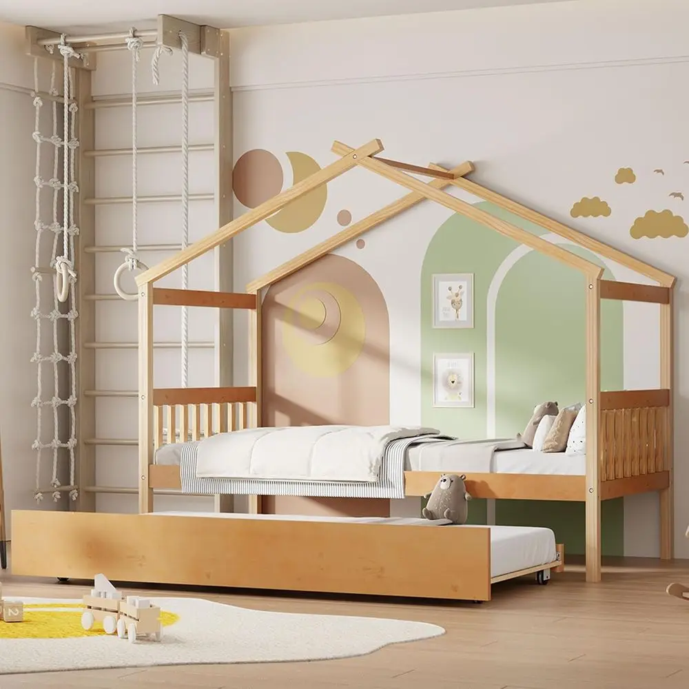 Twin House Bed with Trundle, Kids' Wooden Daybed, Sturdy Design for Boys and Girls, No Box Spring Needed, Natural Finish
Twin House Bed with Trundle, Kids' Wooden Daybed, Sturdy Design for Boys and Girls, No Box Spring Needed, Natural Finish